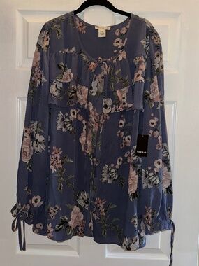 Torrid Festi Floral Balloon Sleeve Ruffle Tie Front Blouse 3X Blue Pink Boho NWT